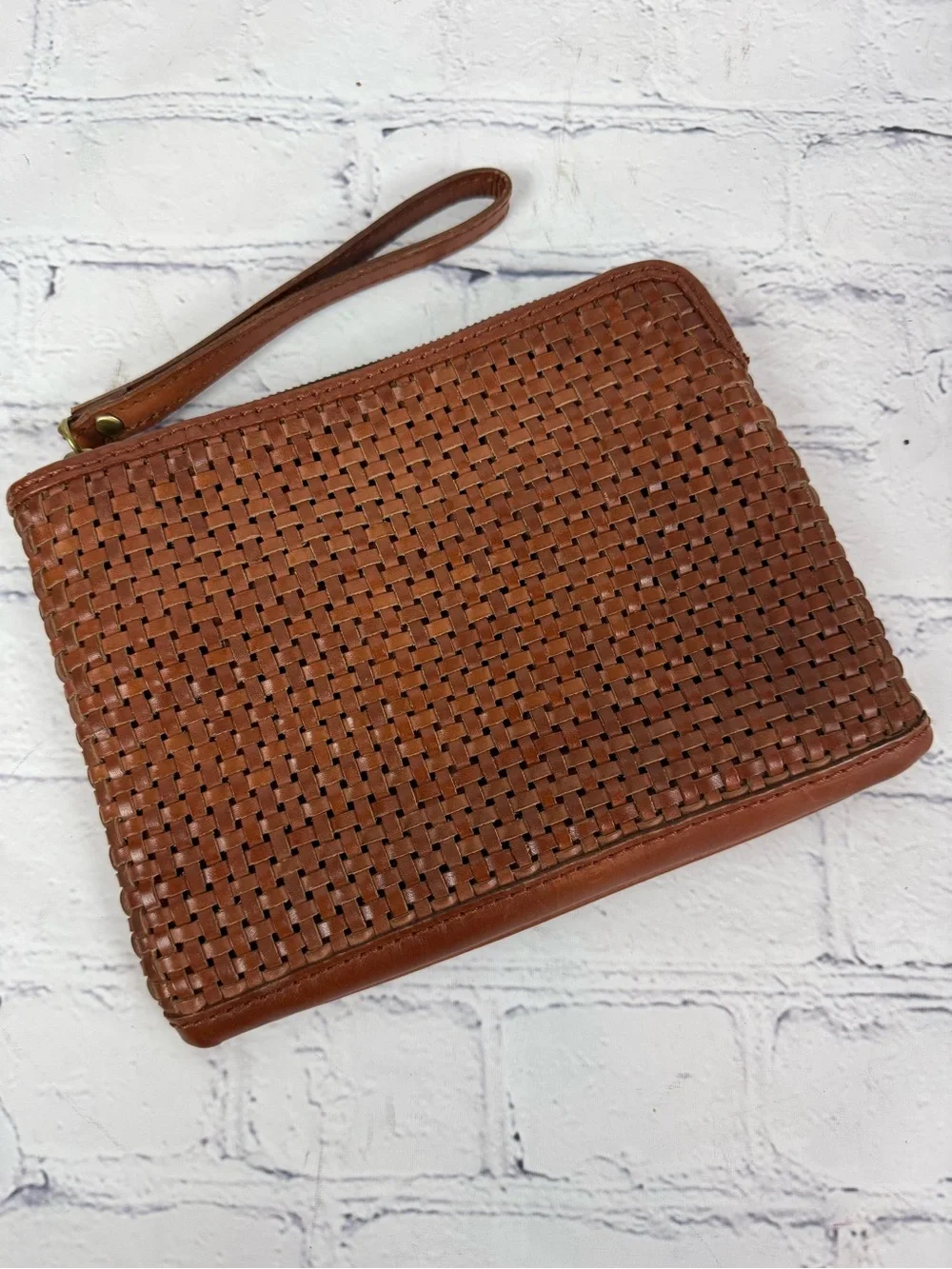 Patricia Nash Leisha Woven Cognac Leather Wristlet Clutch NWOT